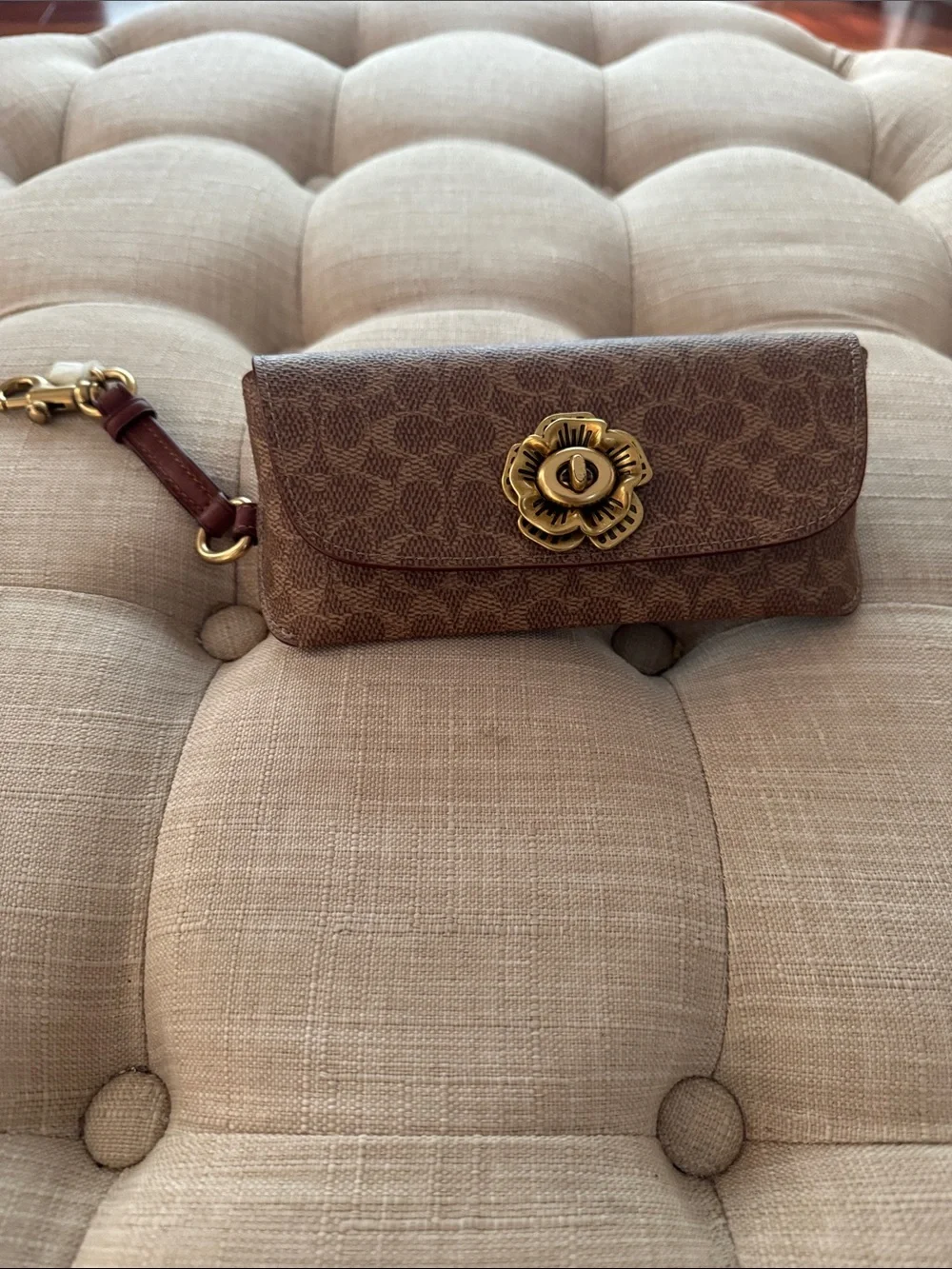 Coach Sunglass Case in Signature Canvas, featuring a brass tea rose turn lock